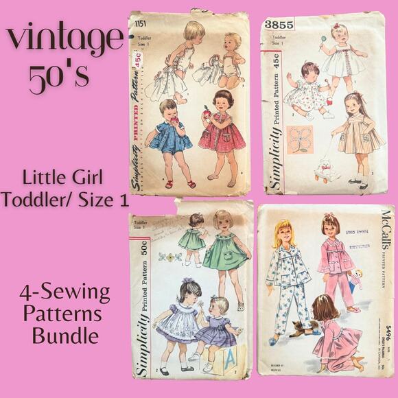 4-Piece Sewing Pattern Bundle Vintage 50 Toddler Size 1 Girl Midcentury Dress - Picture 1 of 8
